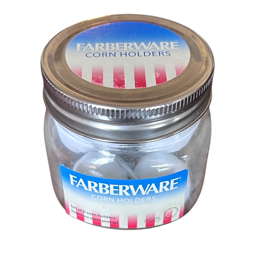 Farberware Corn Holders Set of 8 Stainless Steel‎ Prongs White Round Handles